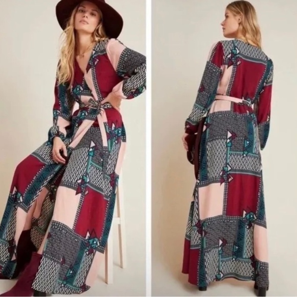 ANTHROPOLOGIE PORRIDGE Virginia Patchwork Print Puffed‎ Sleeve Wrap Maxi Dress L